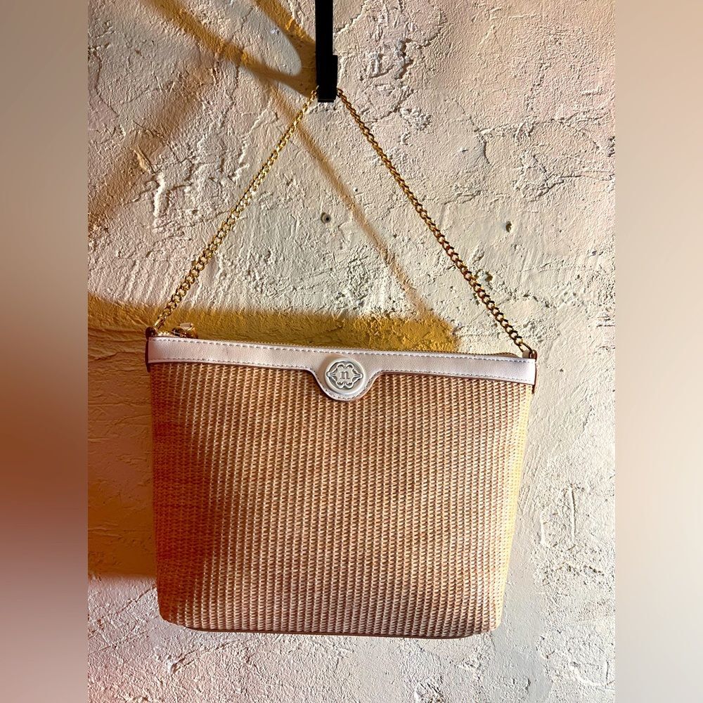 Nanette Lepore Beige Woven Shoulder Bag with White Trim